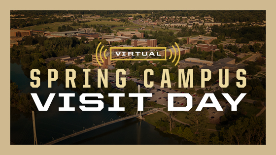Overhead shot of campus with text that reads